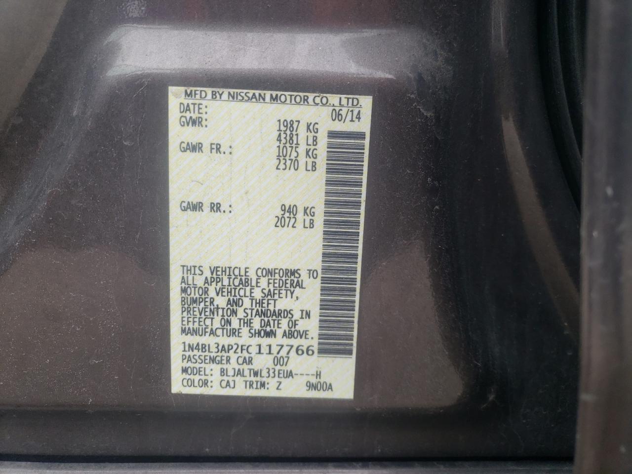 Photo 10 from auction – 2015 NISSAN ALTIMA 3.5 with VIN 1N4BL3AP2FC117766