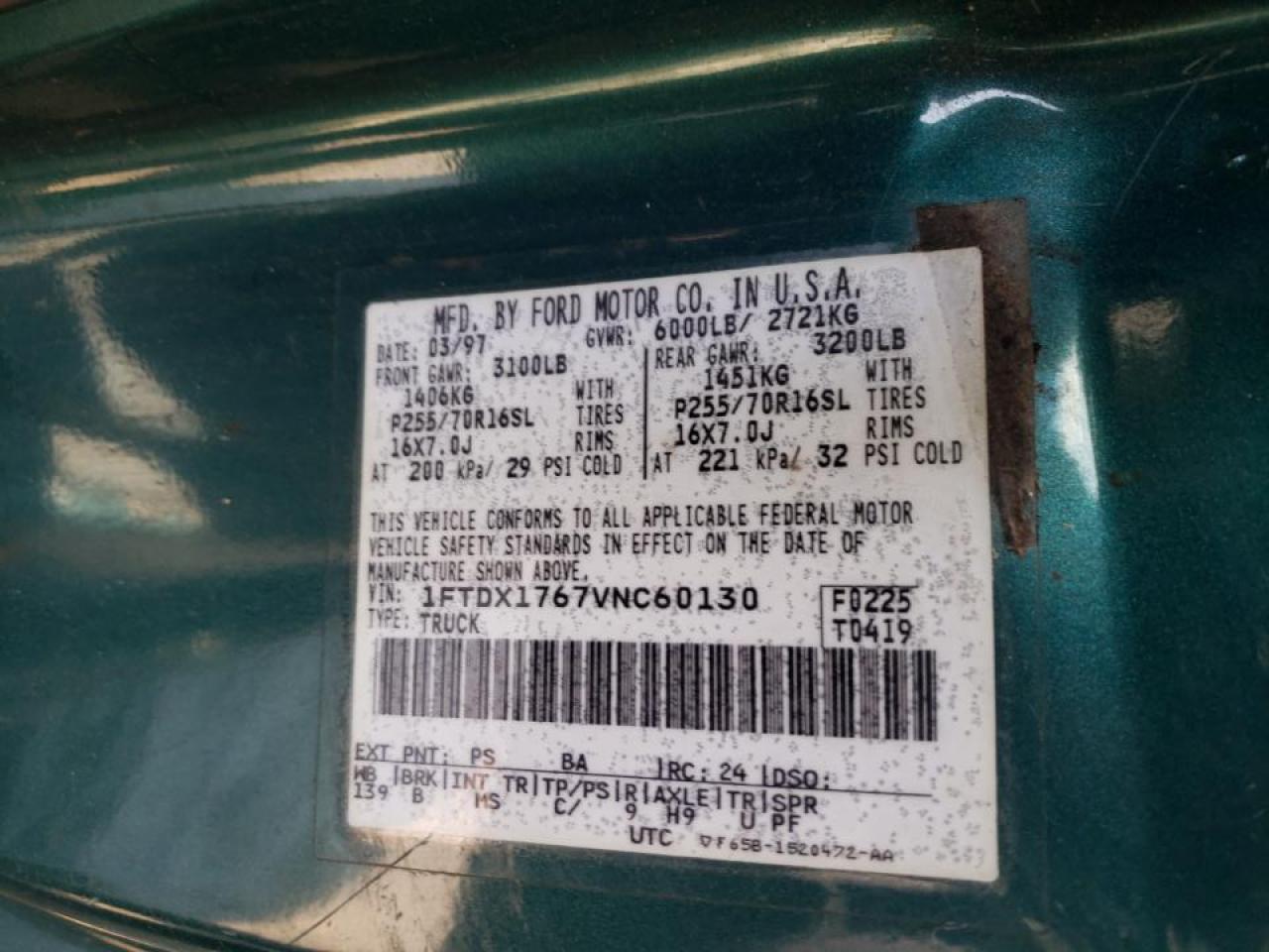 Photo 10 from auction – 1997 FORD F150 with VIN 1FTDX1767VNC60130