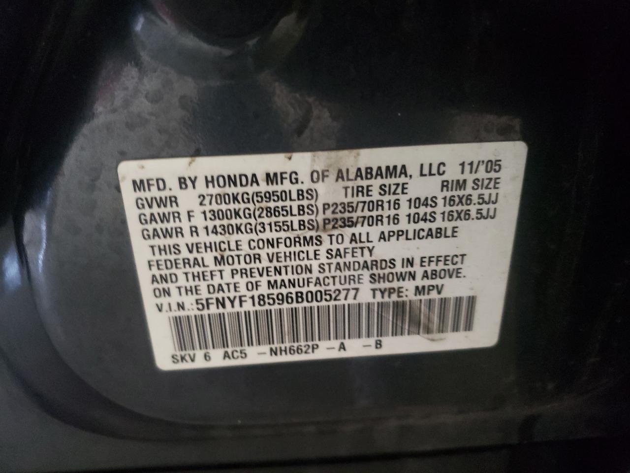 Photo 10 from auction – 2006 HONDA PILOT with VIN 5FNYF18596B005277