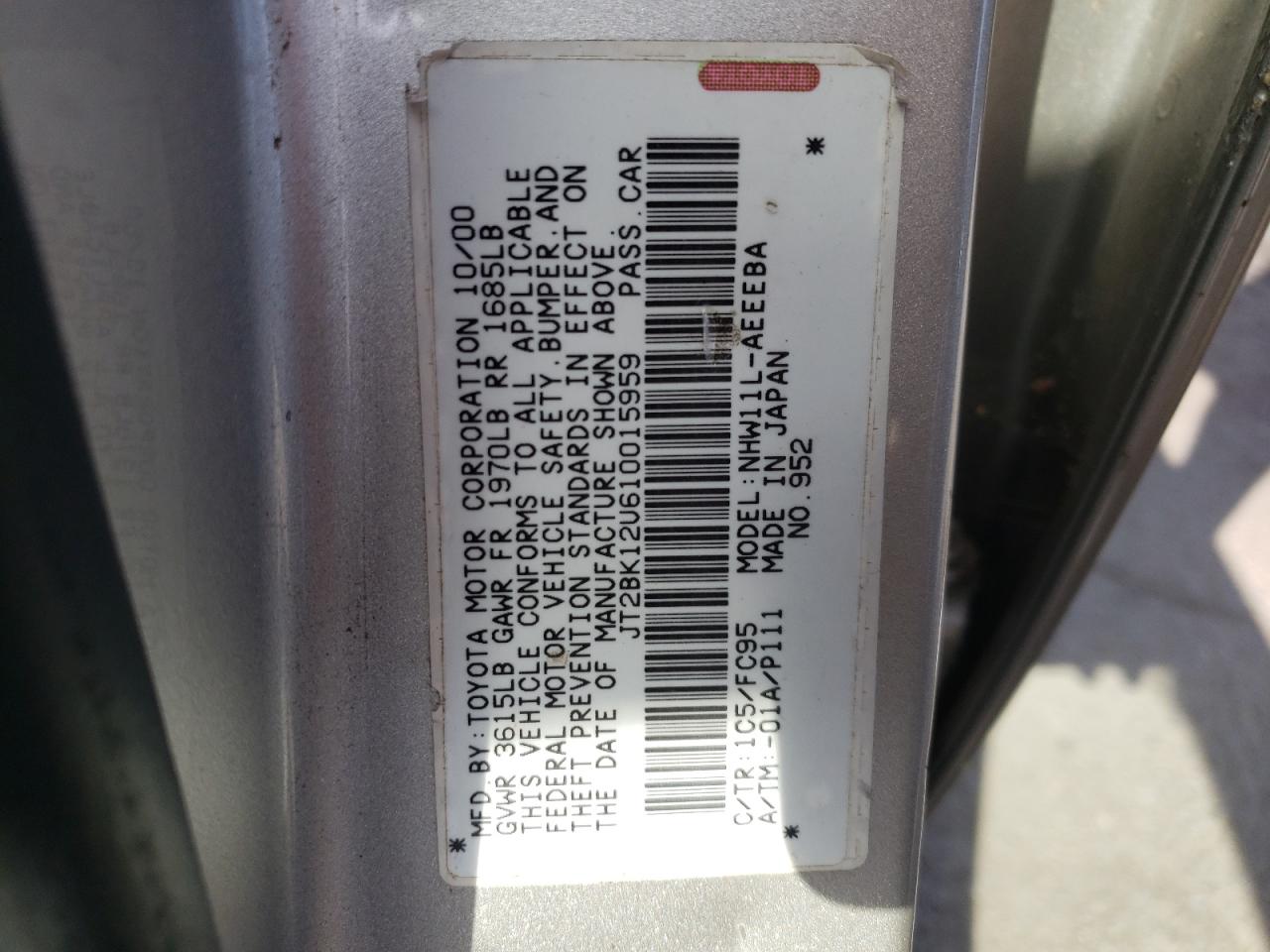 Photo 10 from auction – 2001 TOYOTA PRIUS with VIN JT2BK12U610015959