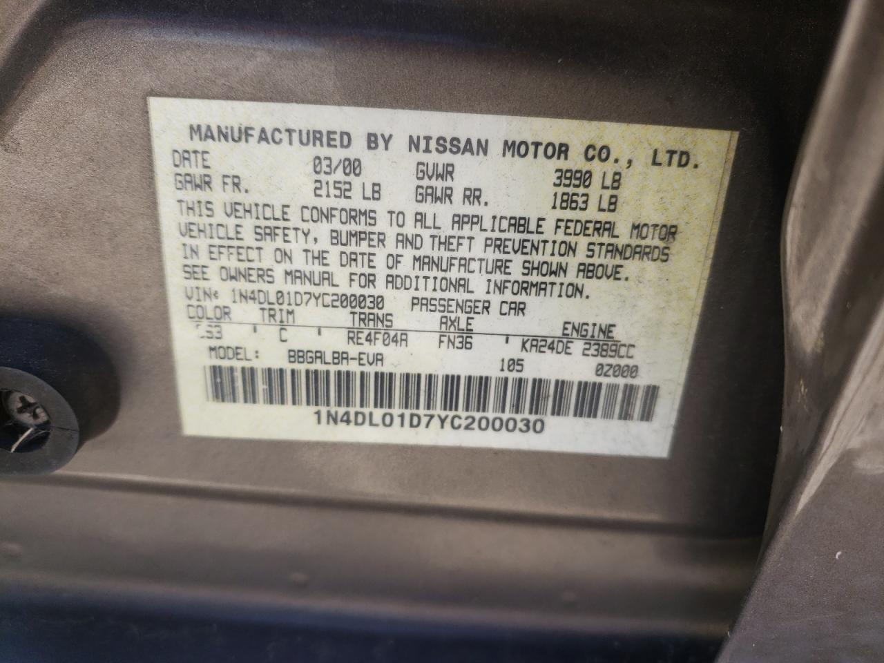 Photo 10 from auction – 2000 NISSAN ALTIMA XE with VIN 1N4DL01D7YC200030