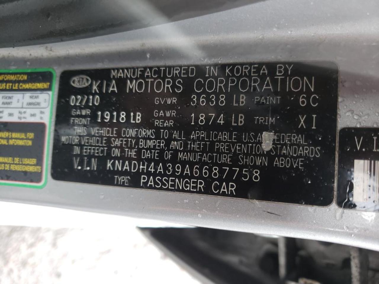 Photo 10 from auction – 2010 KIA RIO LX with VIN KNADH4A39A6687758