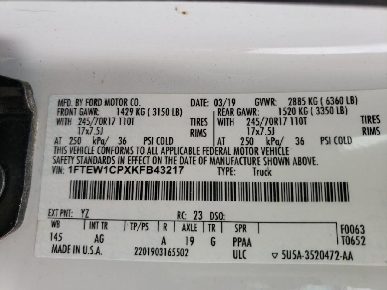 Photo 10 from auction – 2019 FORD F150 SUPER with VIN 1FTEW1CPXKFB43217