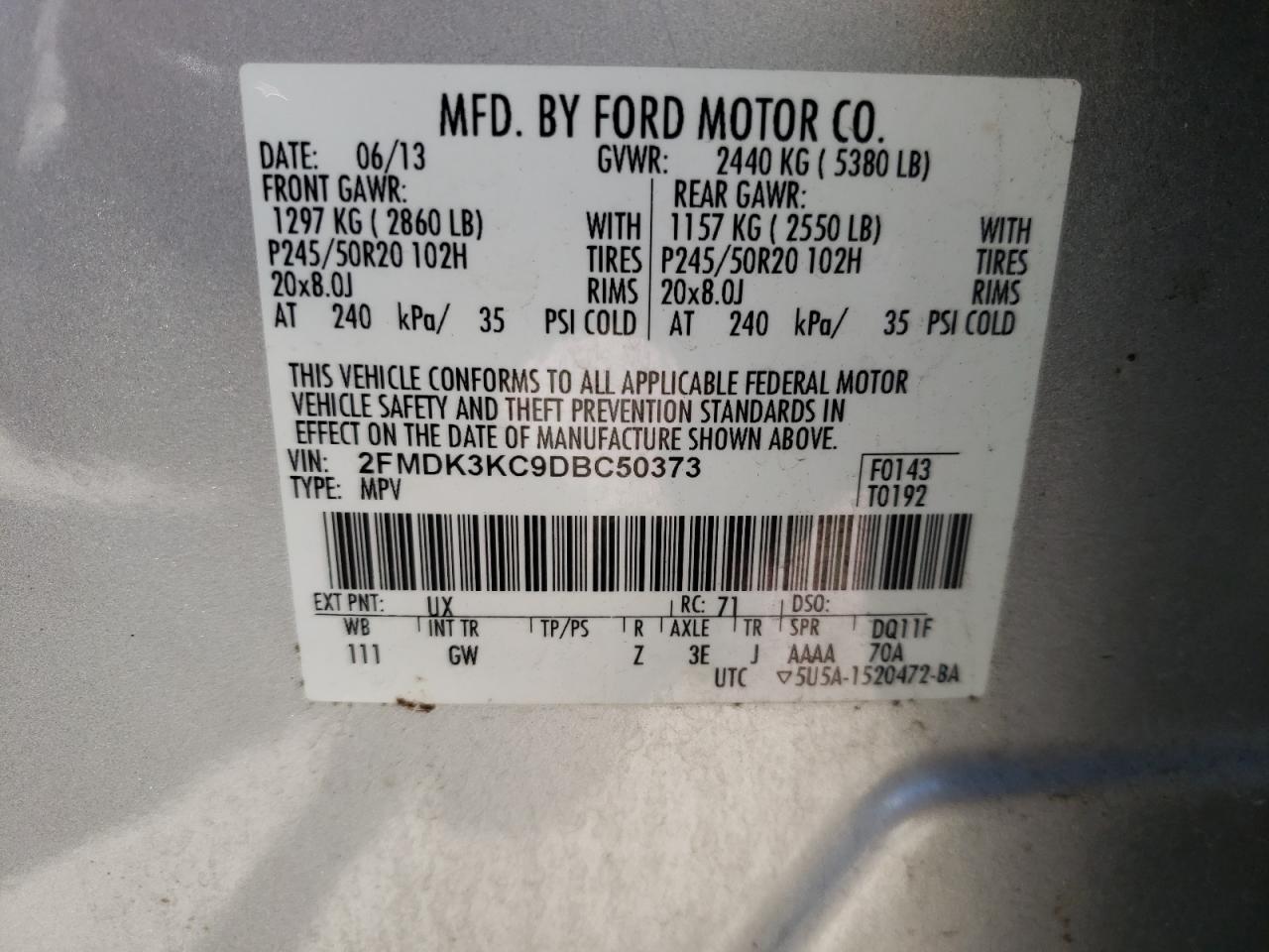 Photo 10 from auction – 2013 FORD EDGE LIMIT with VIN 2FMDK3KC9DBC50373