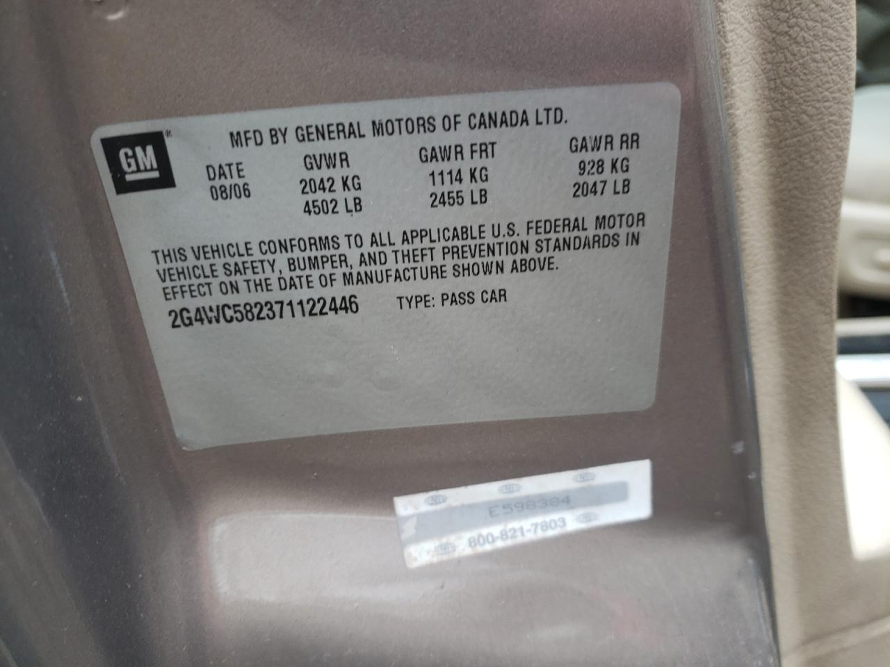 Photo 10 from auction – 2007 BUICK LACROSSE C with VIN 2G4WC582371122446