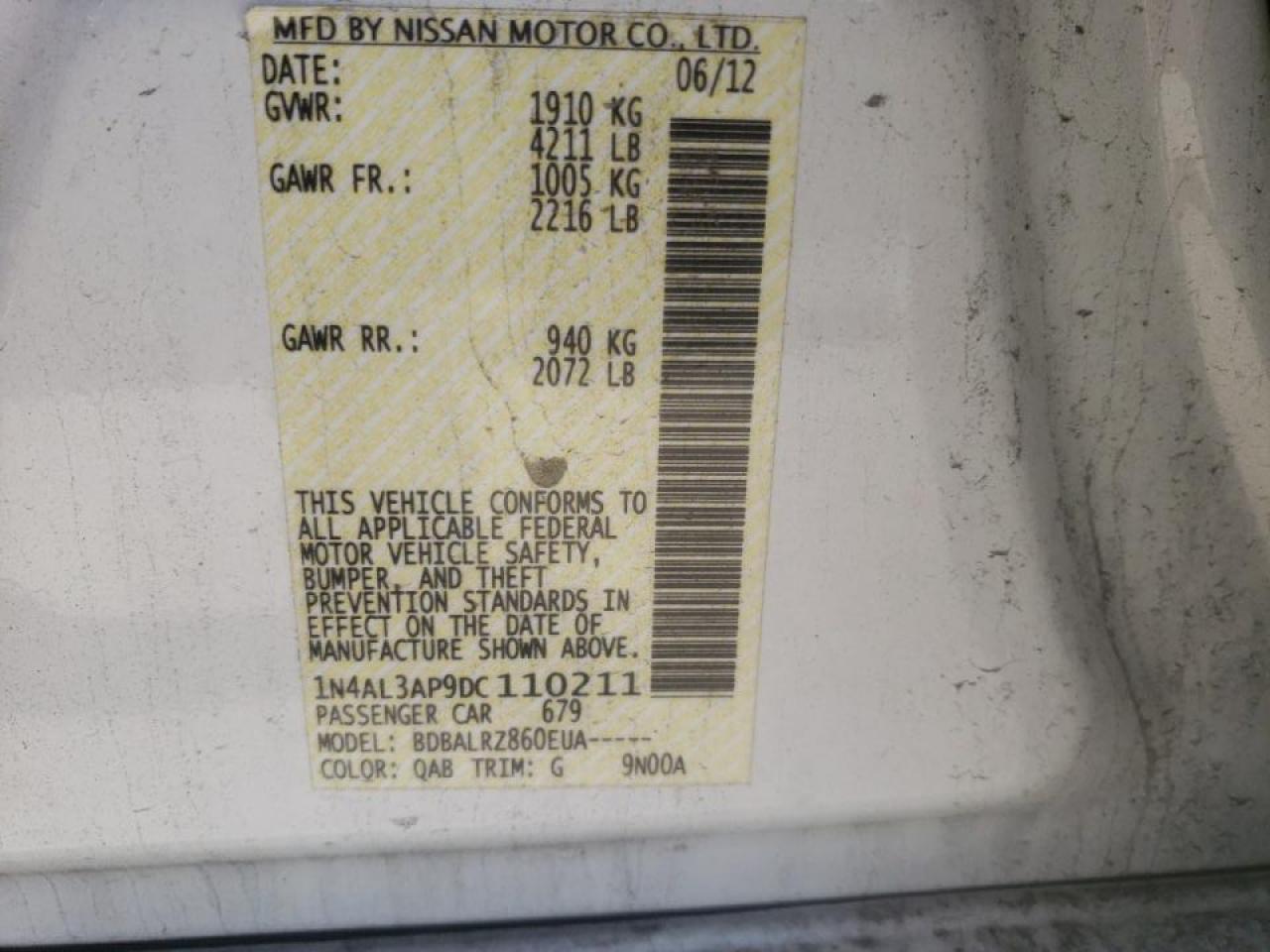 Photo 10 from auction – 2013 NISSAN ALTIMA 2.5 with VIN 1N4AL3AP9DC110211
