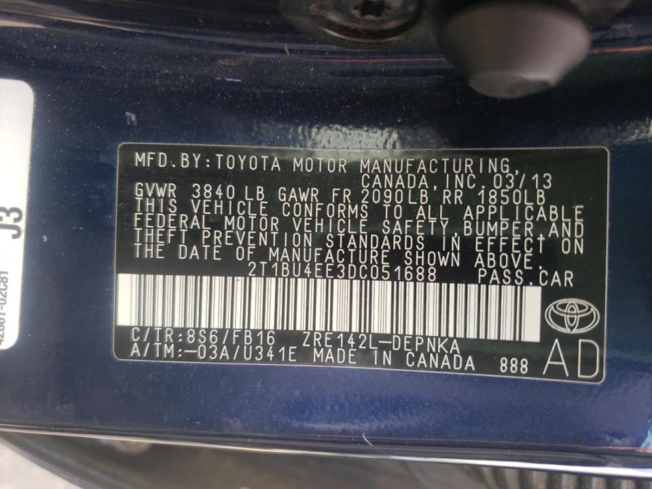 Photo 10 from auction – 2013 TOYOTA COROLLA BA with VIN 2T1BU4EE3DC051688