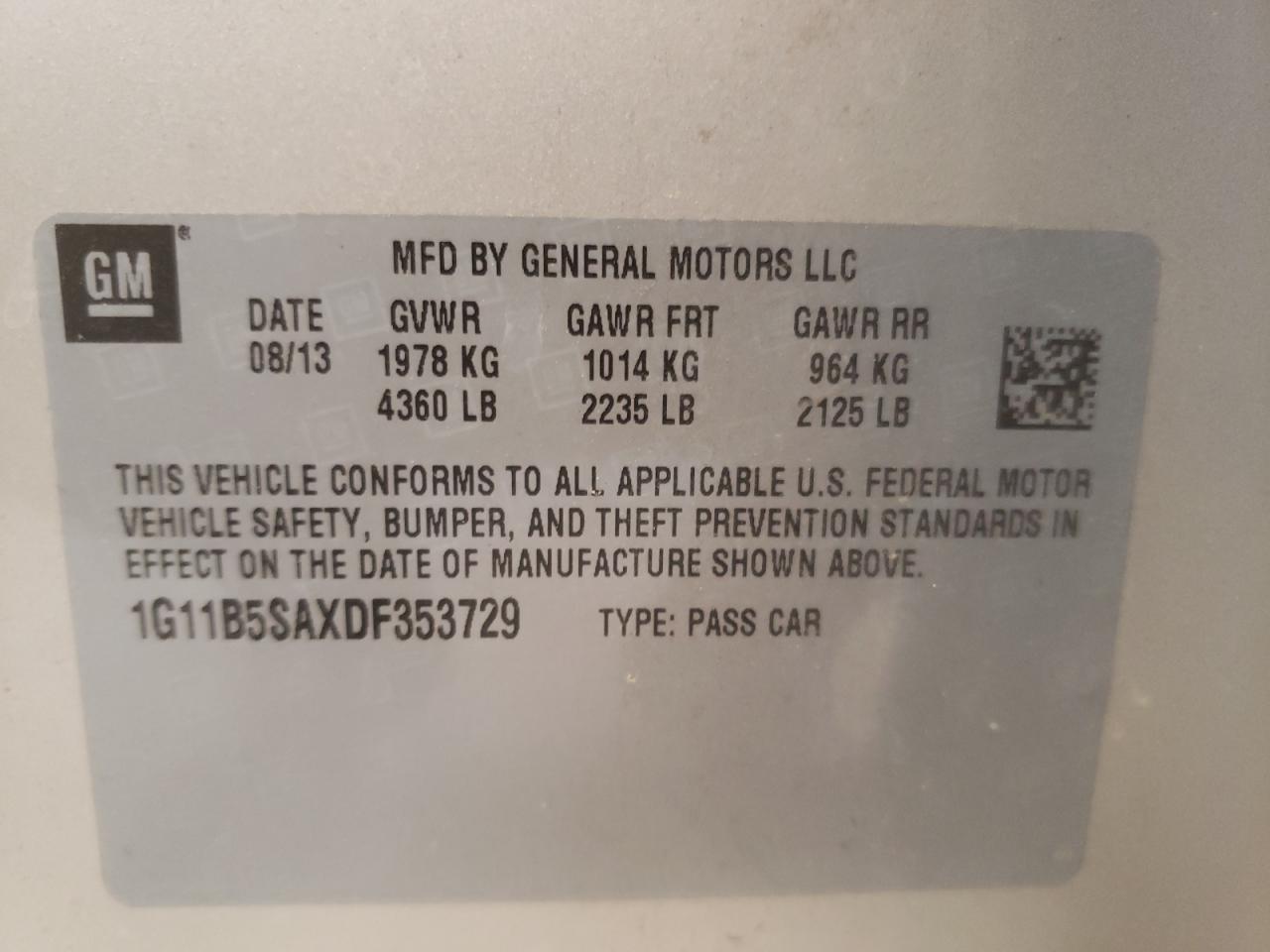 Photo 10 from auction – 2013 CHEVROLET MALIBU LS with VIN 1G11B5SAXDF353729