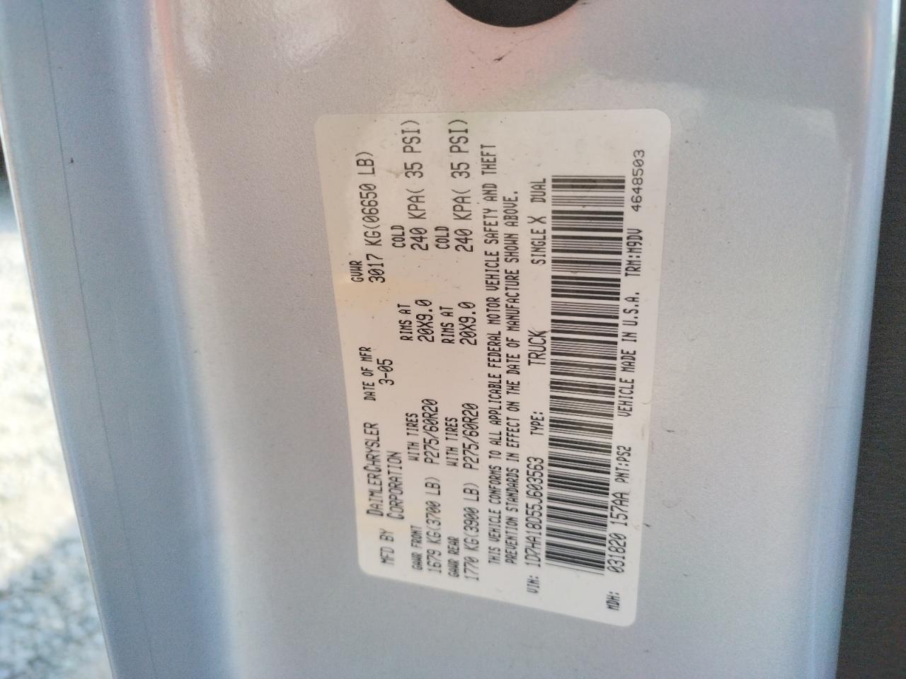 Photo 10 from auction – 2005 DODGE RAM 1500 S with VIN 1D7HA18D55J603563