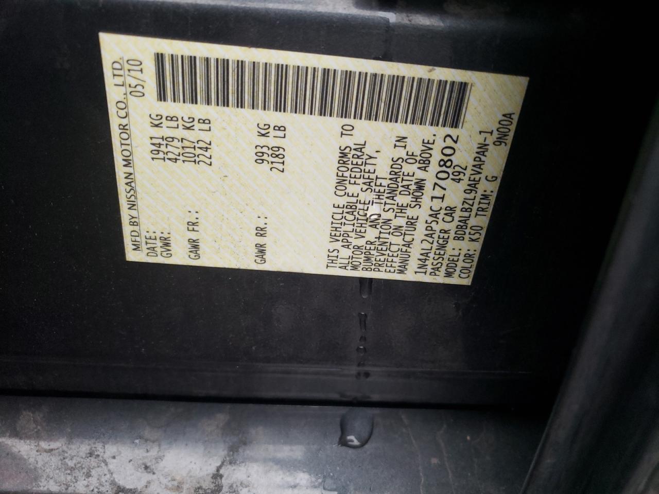 Photo 10 from auction – 2010 NISSAN ALTIMA BAS with VIN 1N4AL2AP5AC170802