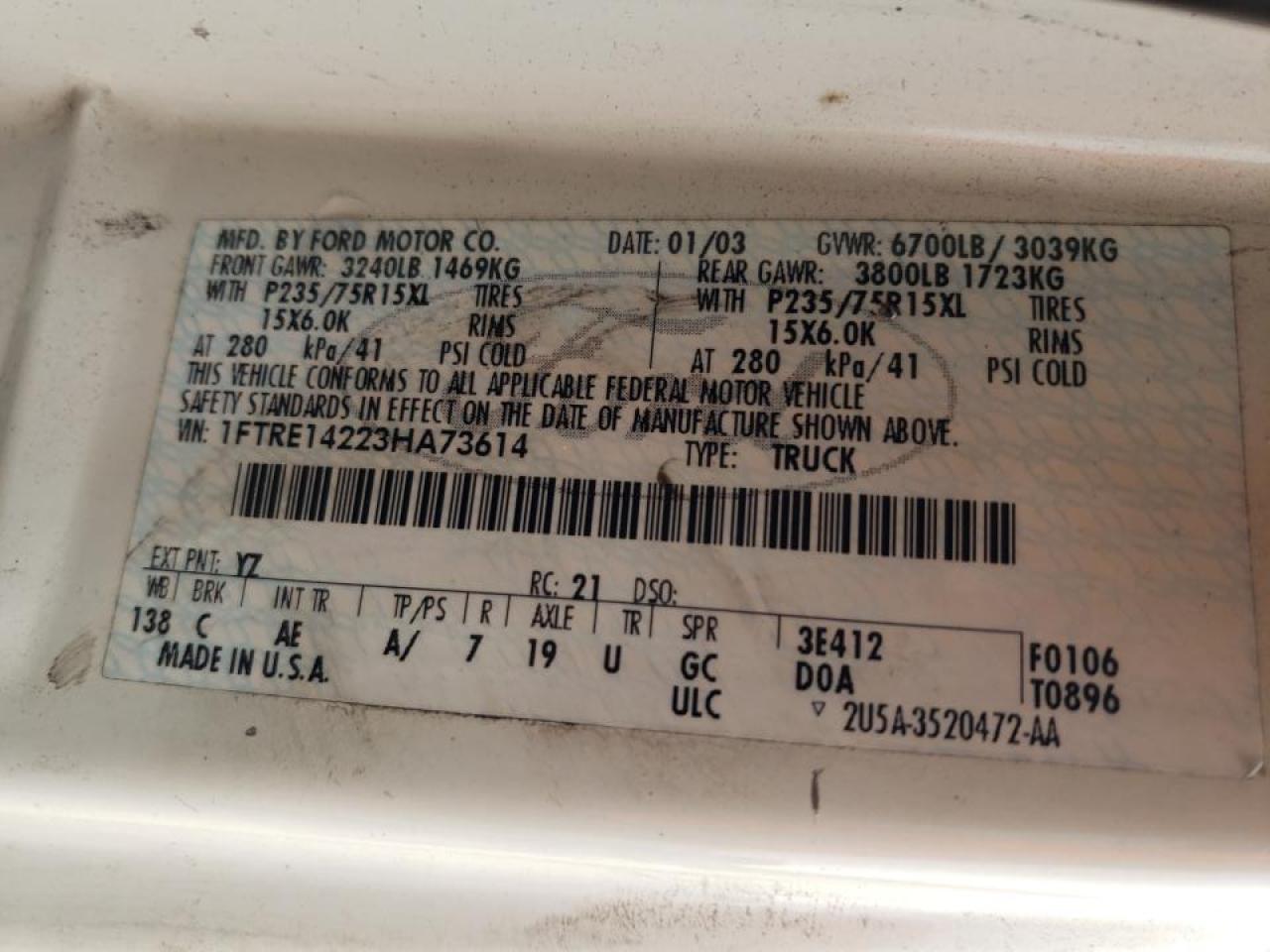 Photo 10 from auction – 2003 FORD ECONOLINE with VIN 1FTRE14223HA73614