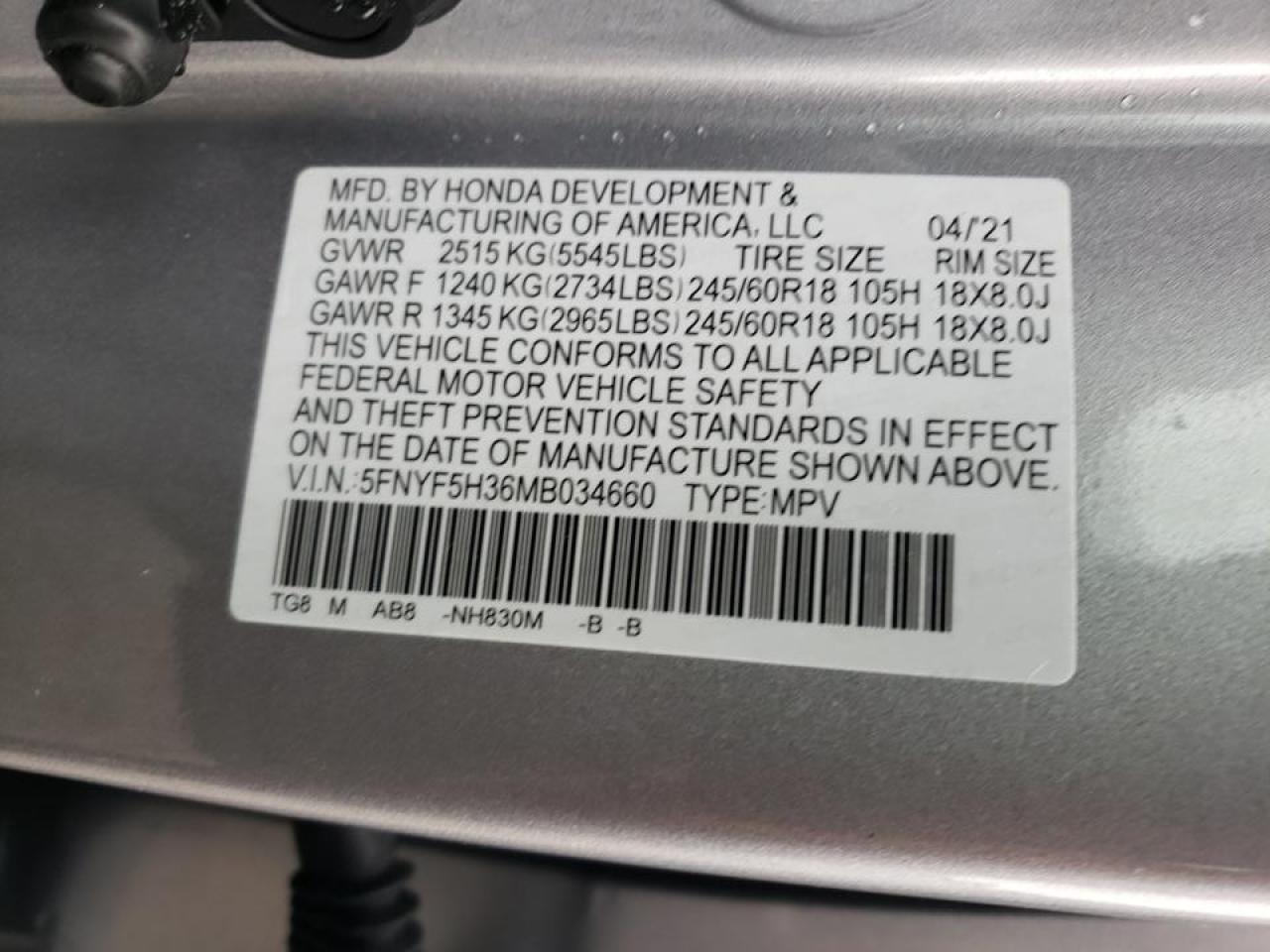 Photo 10 from auction – 2021 HONDA PILOT EX with VIN 5FNYF5H36MB034660
