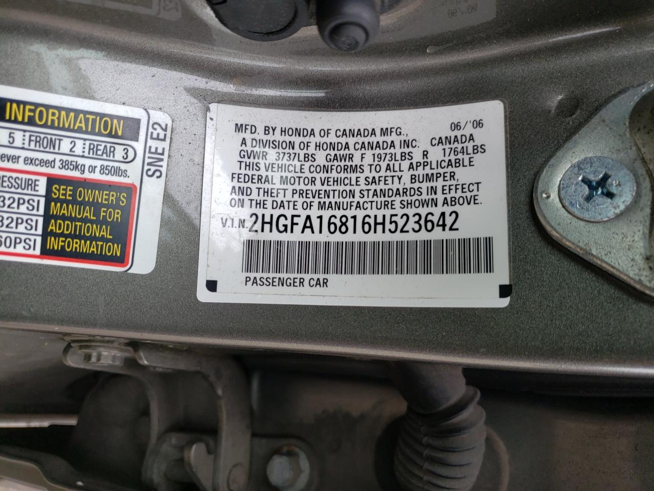 Photo 10 from auction – 2006 HONDA CIVIC EX with VIN 2HGFA16816H523642