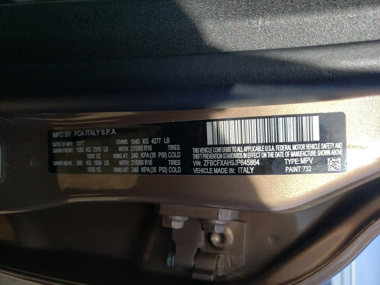 Photo 10 from auction – 2018 FIAT 500X POP with VIN ZFBCFXAH9JP645864