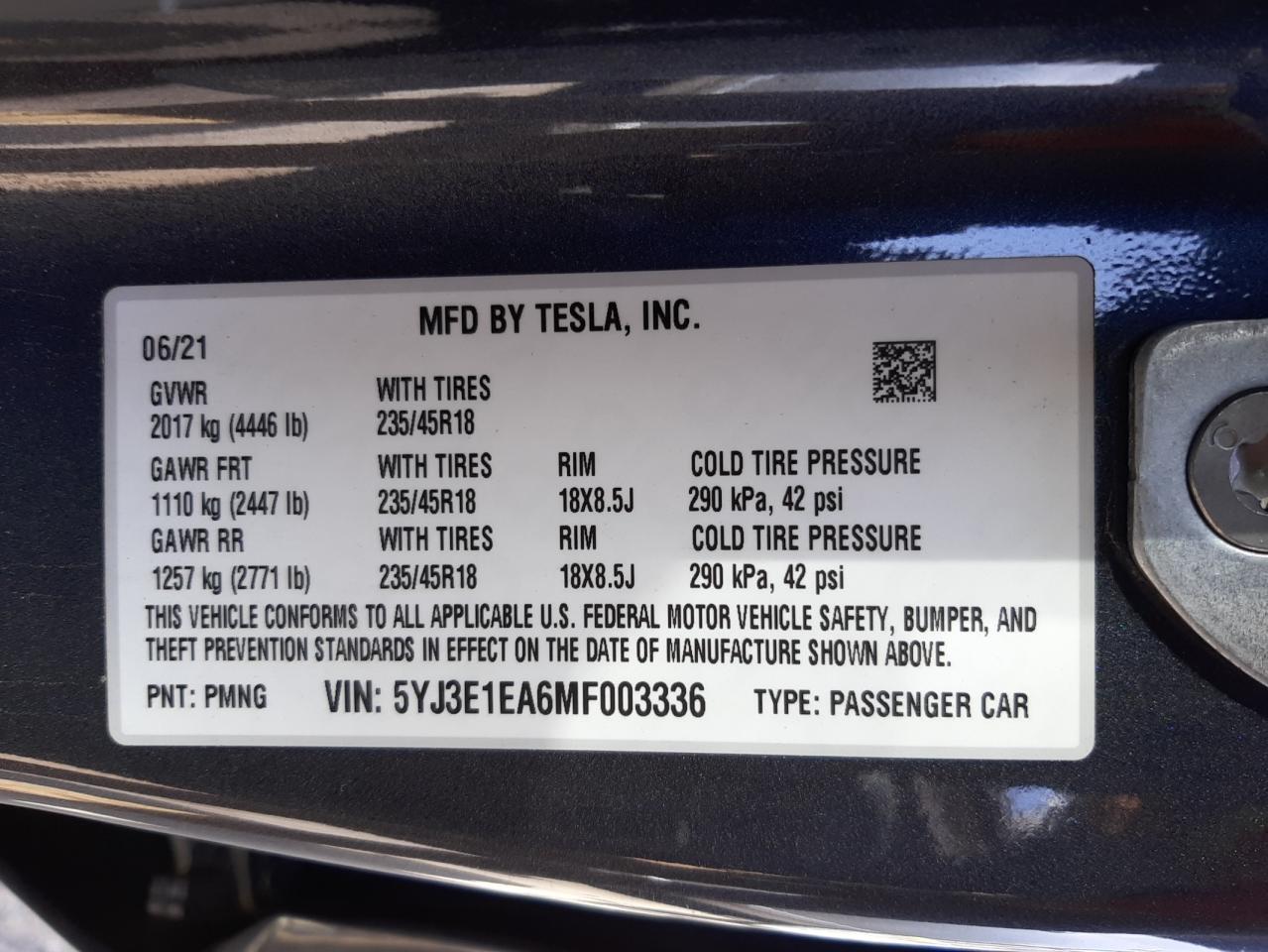 Photo 10 from auction – 2021 TESLA MODEL 3 with VIN 5YJ3E1EA6MF003336