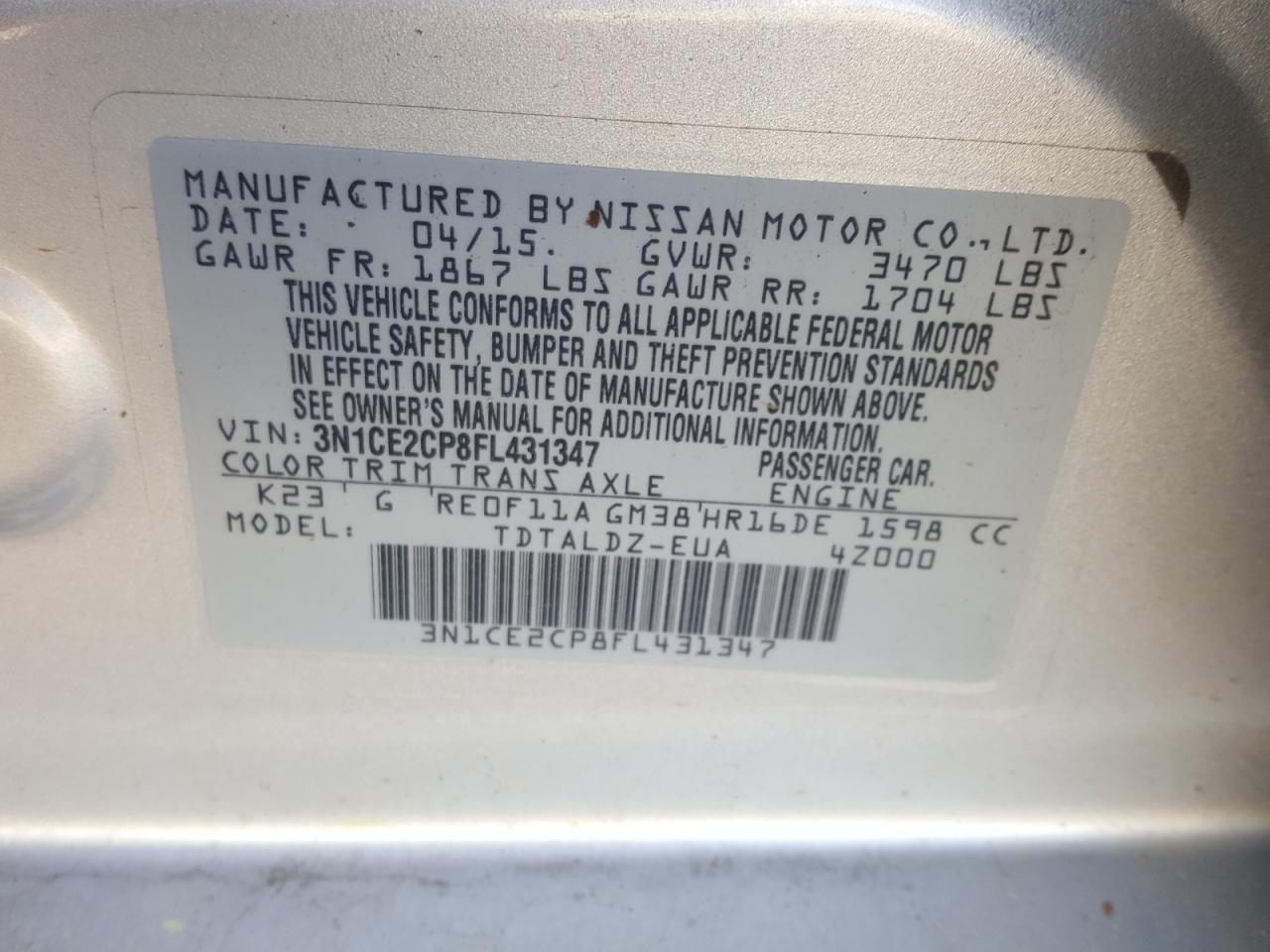 Photo 10 from auction – 2015 NISSAN VERSA NOTE with VIN 3N1CE2CP8FL431347
