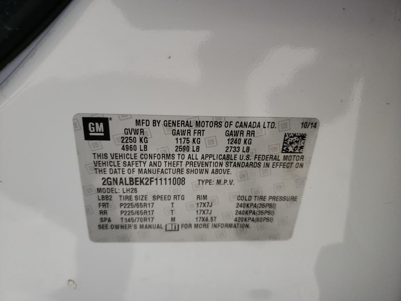 Photo 10 from auction – 2015 CHEVROLET EQUINOX LT with VIN 2GNALBEK2F1111008
