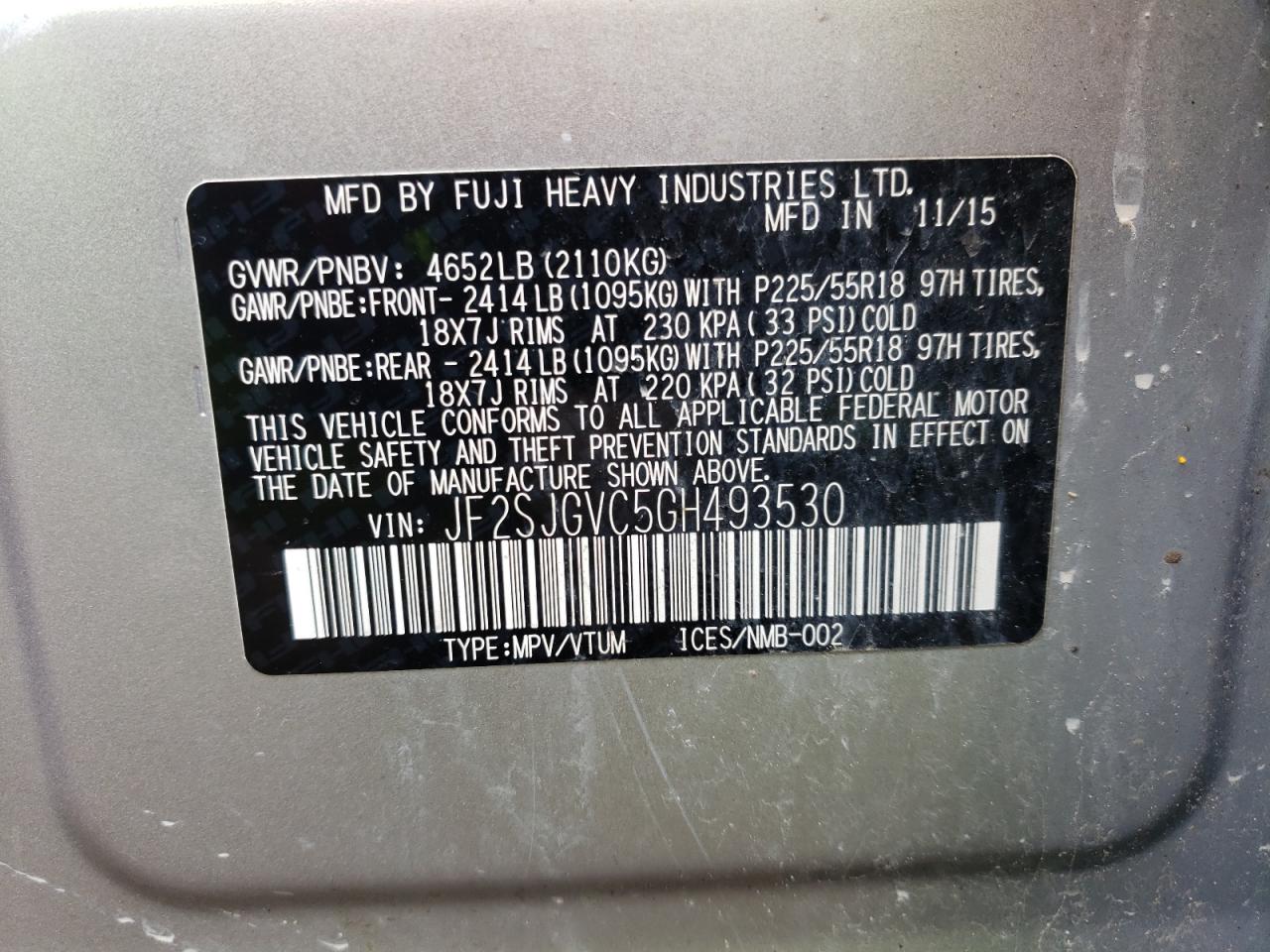 Photo 10 from auction – 2016 SUBARU FORESTER 2 with VIN JF2SJGVC5GH493530