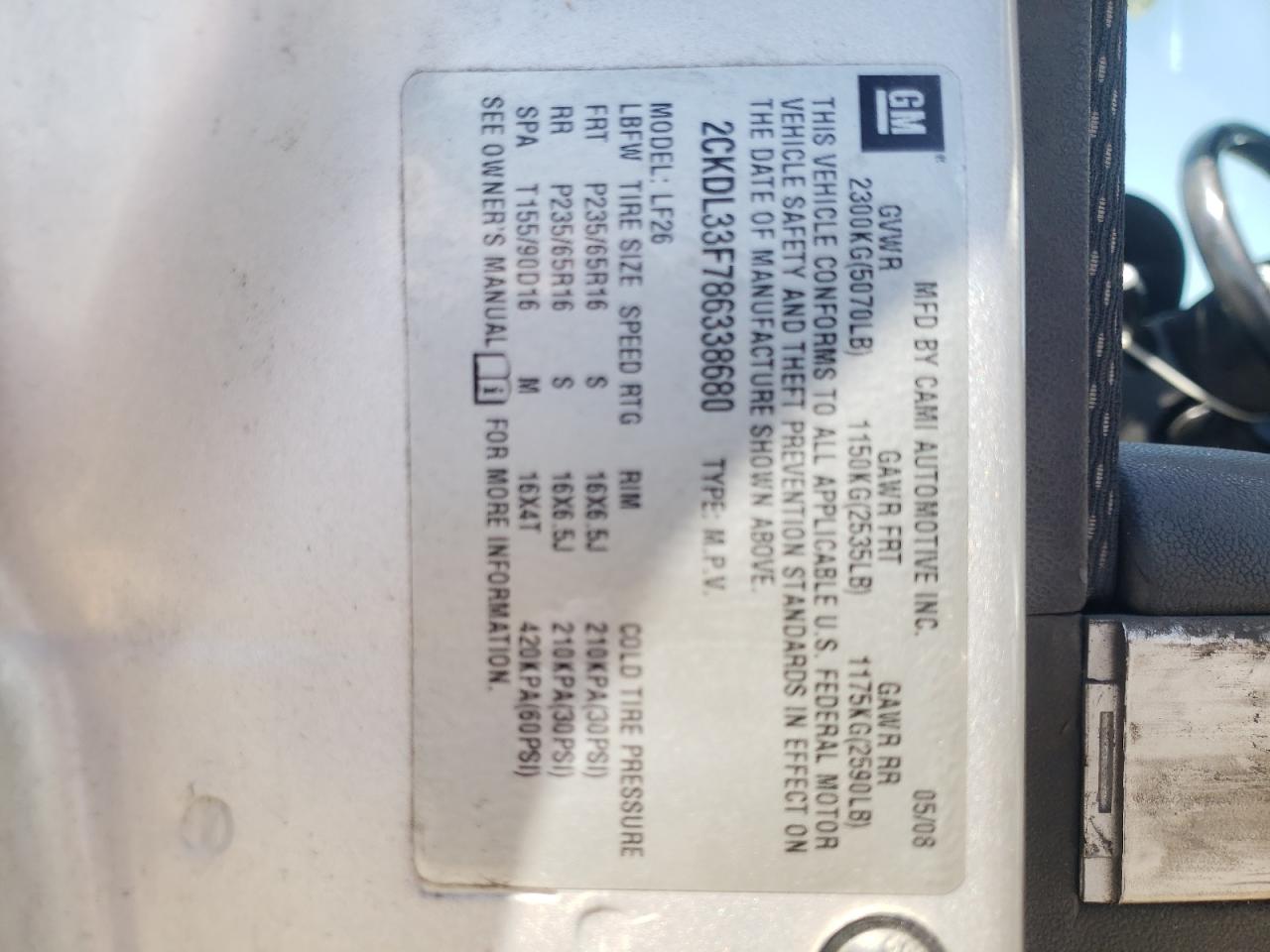 Photo 10 from auction – 2008 PONTIAC TORRENT with VIN 2CKDL33F786338680