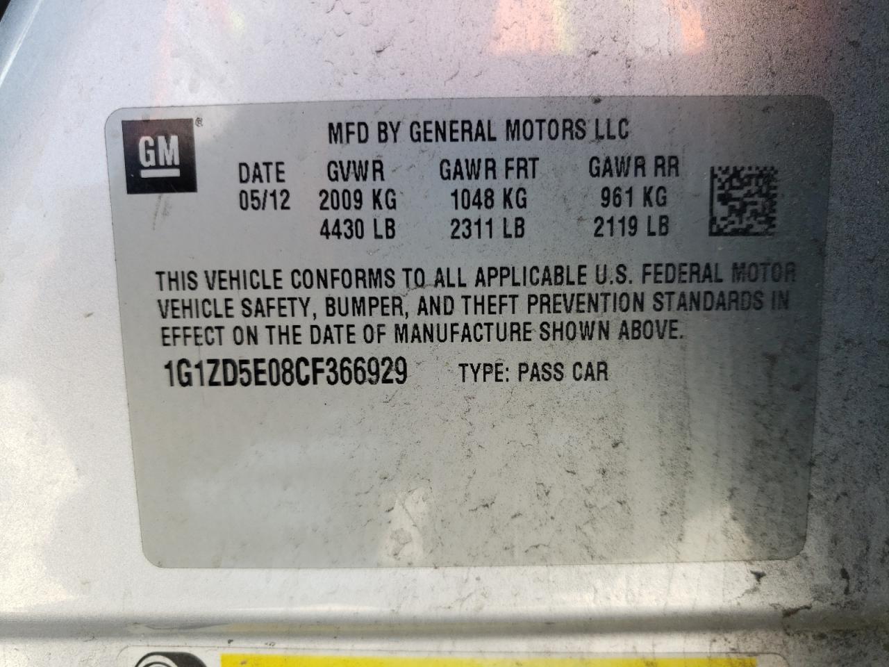 Photo 10 from auction – 2012 CHEVROLET MALIBU 2LT with VIN 1G1ZD5E08CF366929