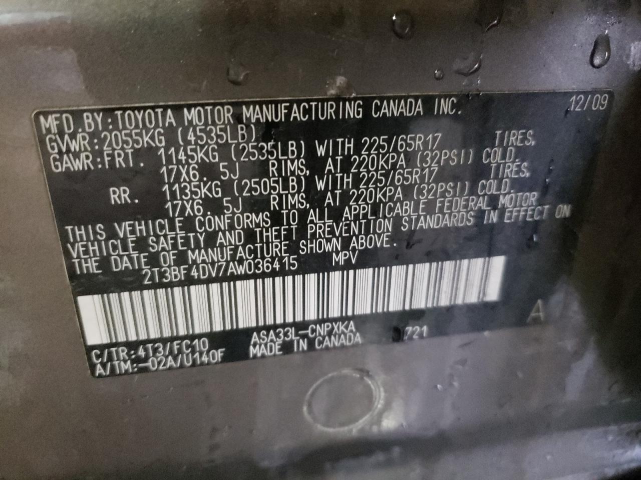 Foto 10 de la subasta – 2010 TOYOTA RAV4 con VIN 2T3BF4DV7AW036415