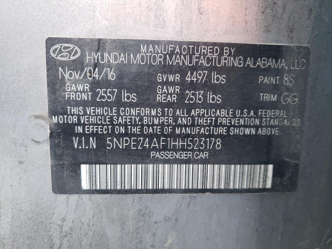 Photo 10 from auction – 2017 HYUNDAI SONATA SE with VIN 5NPE24AF1HH523178