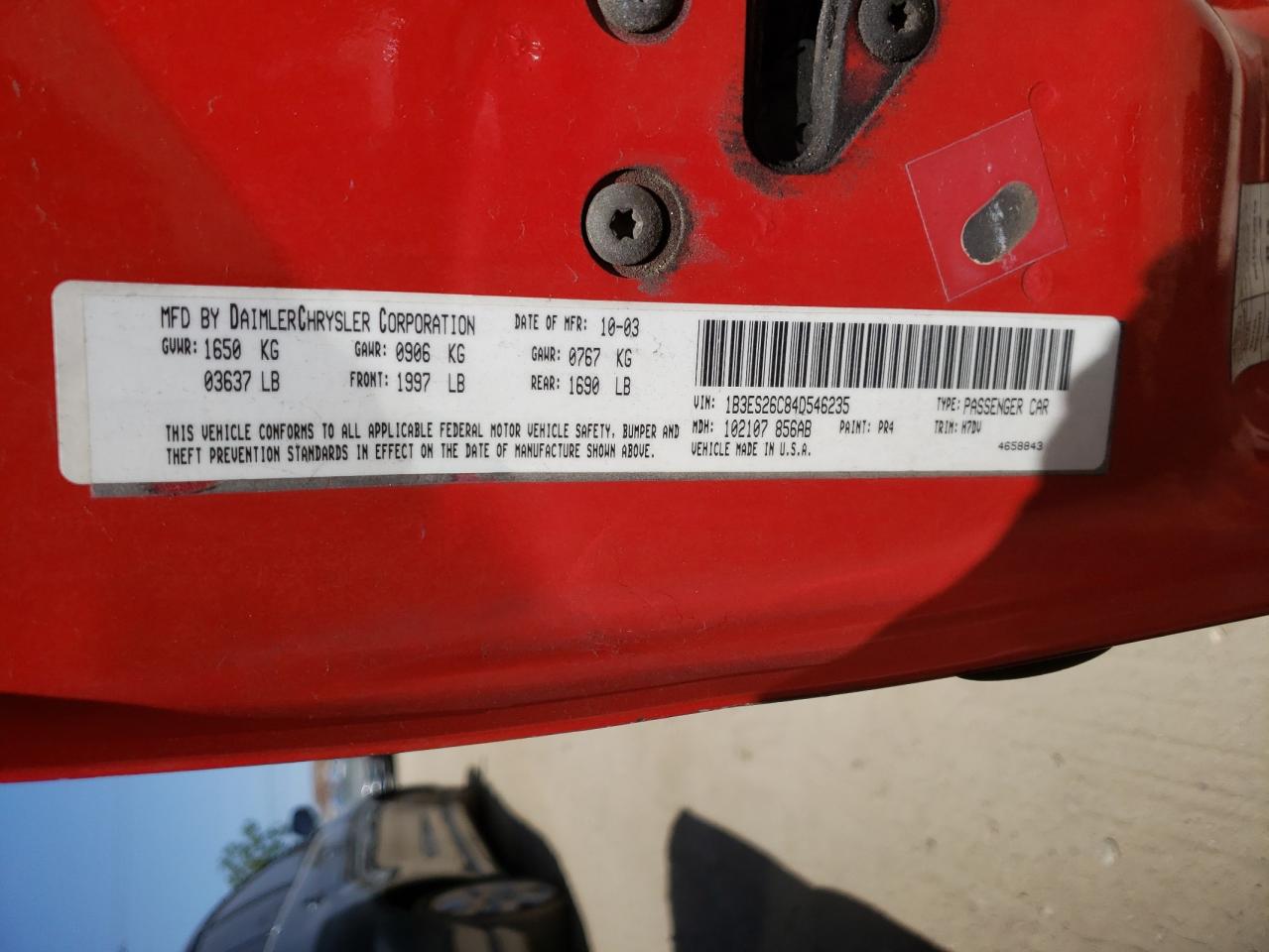 Photo 10 from auction – 2004 DODGE NEON BASE with VIN 1B3ES26C84D546235