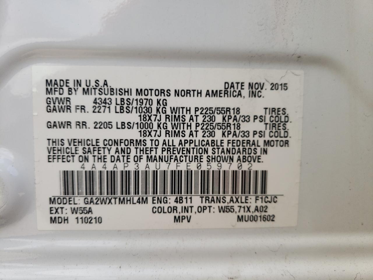 Photo 10 from auction – 2015 MITSUBISHI OUTLANDER with VIN 4A4AP3AU7FE059702