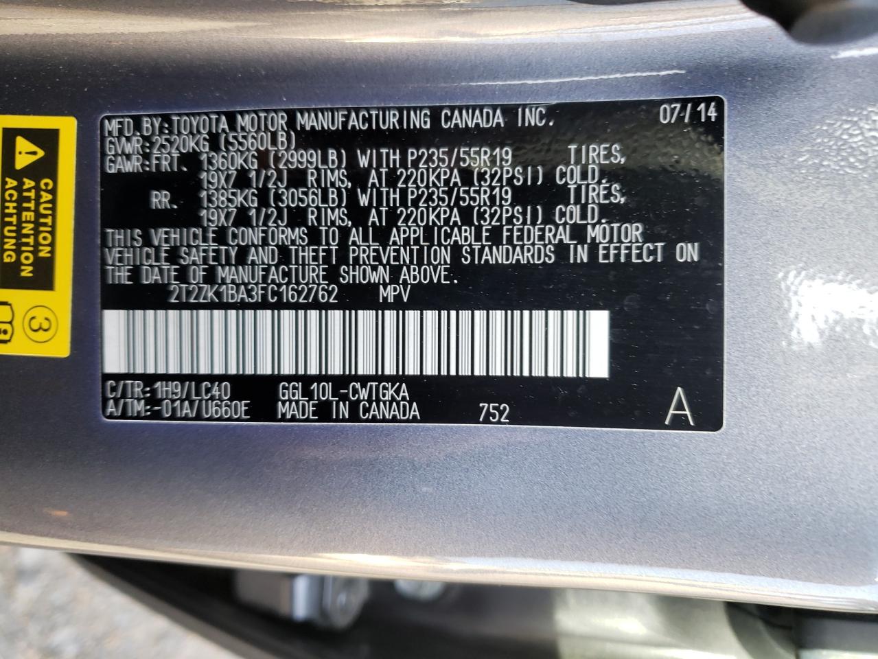 Photo 10 from auction – 2015 LEXUS RX 350 with VIN 2T2ZK1BA3FC162762