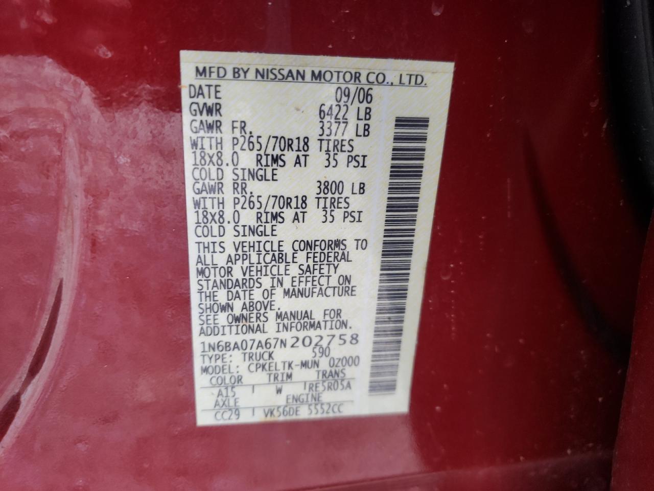 Photo 10 from auction – 2007 NISSAN TITAN XE with VIN 1N6BA07A67N202758