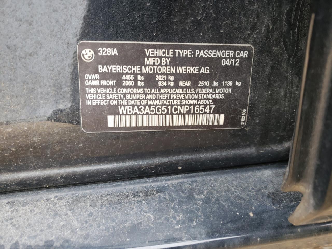 Photo 10 from auction – 2012 BMW 328 I with VIN WBA3A5G51CNP16547