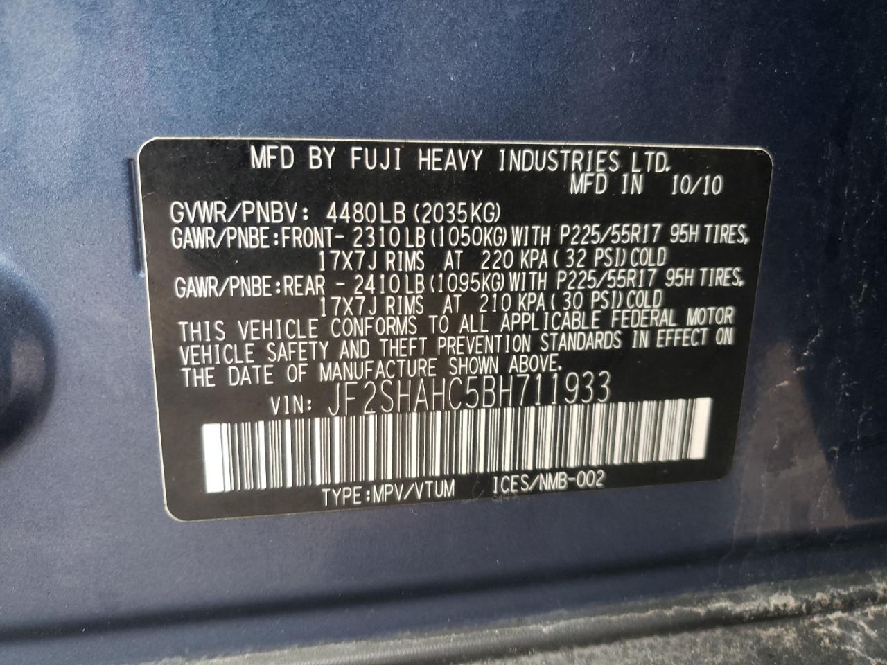 Photo 10 from auction – 2011 SUBARU FORESTER T with VIN JF2SHAHC5BH711933