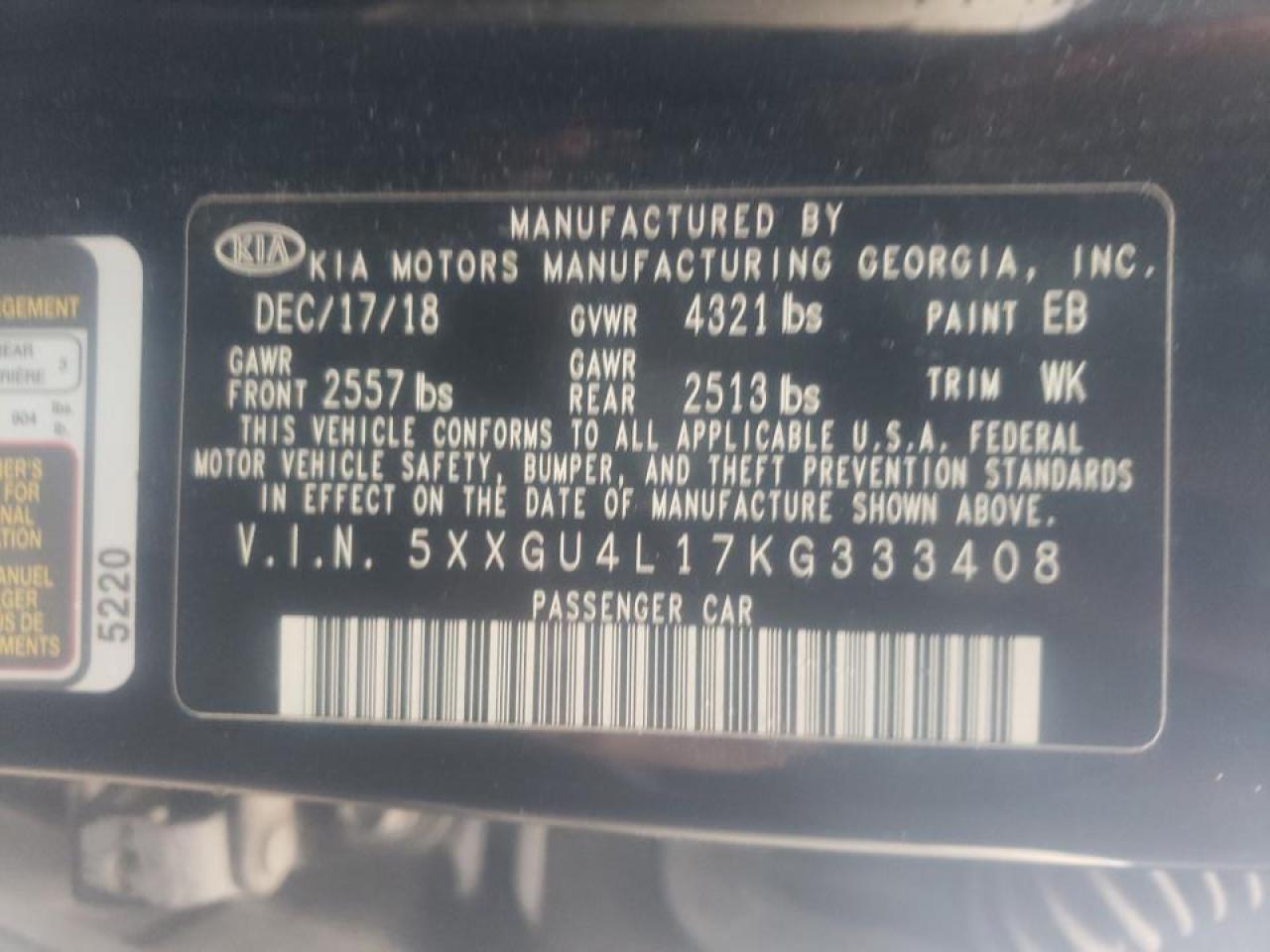 Photo 10 from auction – 2019 KIA OPTIMA EX with VIN 5XXGU4L17KG333408
