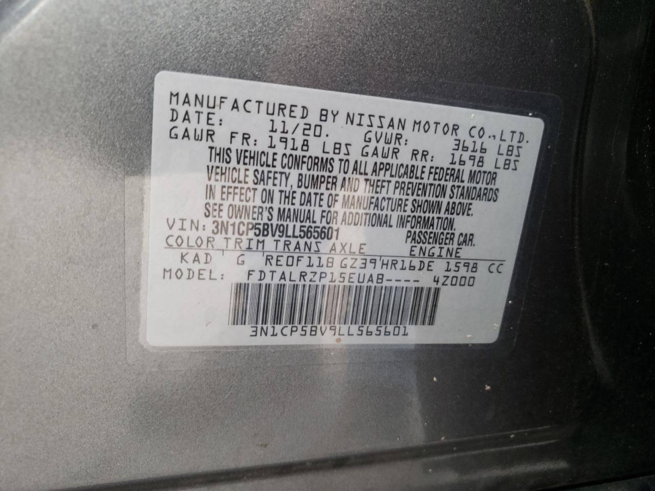 Photo 10 from auction – 2020 NISSAN KICKS S with VIN 3N1CP5BV9LL565601