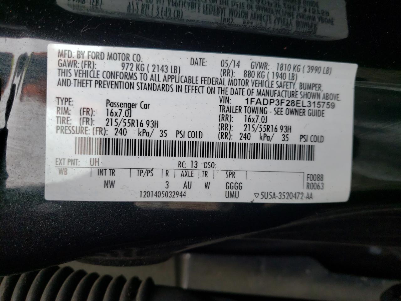 Photo 10 from auction – 2014 FORD FOCUS SE with VIN 1FADP3F28EL315759