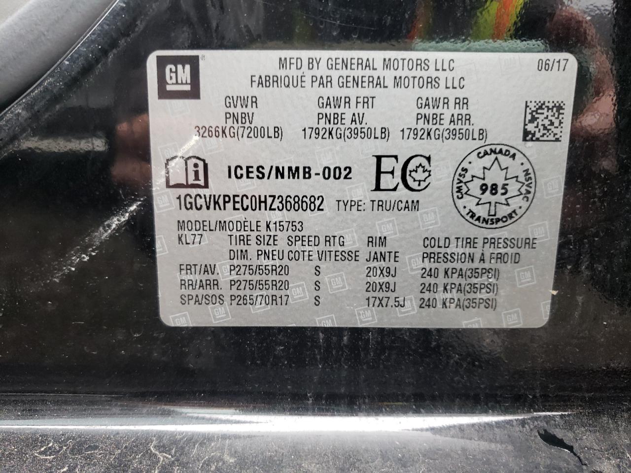 Photo 10 from auction – 2017 CHEVROLET SILVERADO with VIN 1GCVKPEC0HZ368682