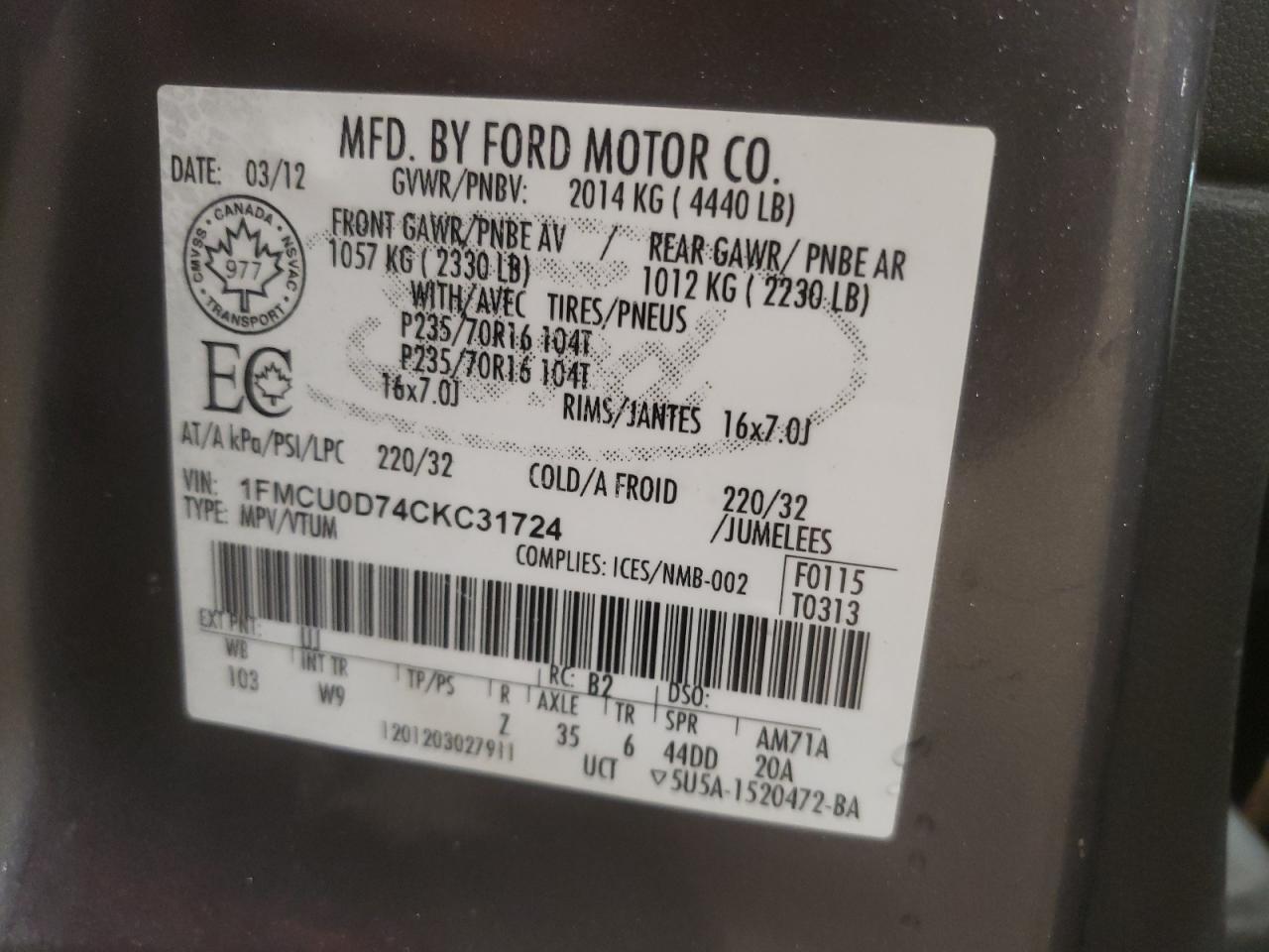 Photo 10 from auction – 2012 FORD ESCAPE XLT with VIN 1FMCU0D74CKC31724