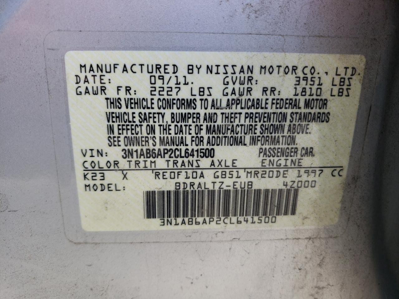 Photo 10 from auction – 2012 NISSAN SENTRA 2.0 with VIN 3N1AB6AP2CL641500
