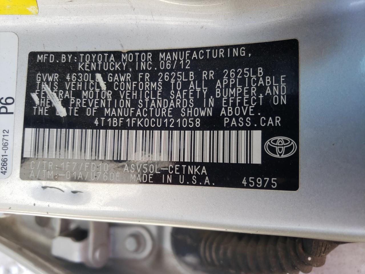 Photo 10 from auction – 2012 TOYOTA CAMRY BASE with VIN 4T1BF1FK0CU121058