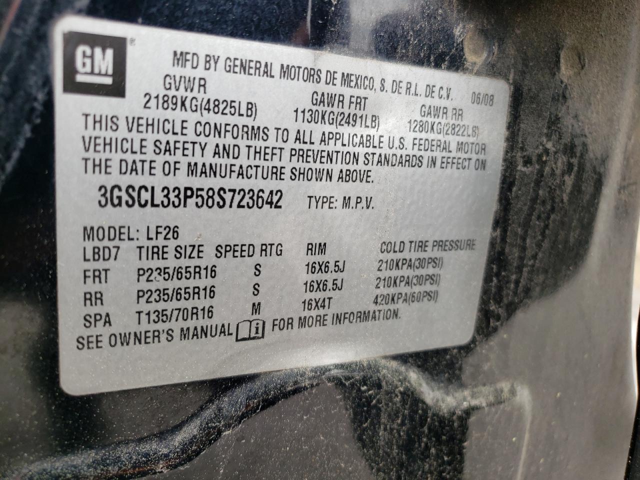 Photo 10 from auction – 2008 SATURN VUE XE with VIN 3GSCL33P58S723642