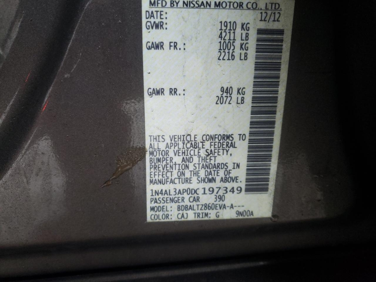 Photo 10 from auction – 2013 NISSAN ALTIMA 2.5 with VIN 1N4AL3AP0DC197349