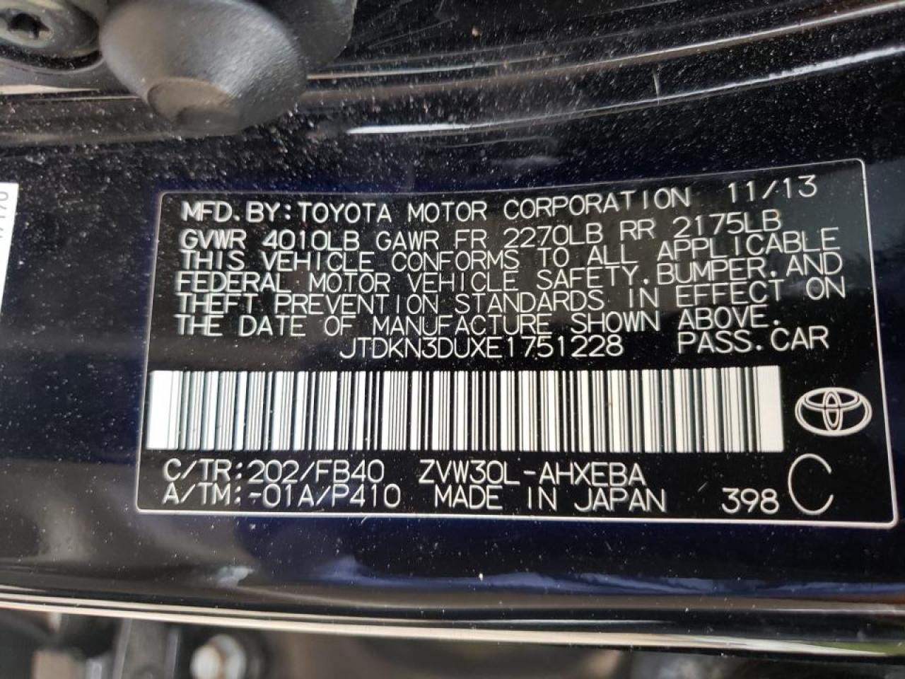 Photo 10 from auction – 2014 TOYOTA PRIUS with VIN JTDKN3DUXE1751228
