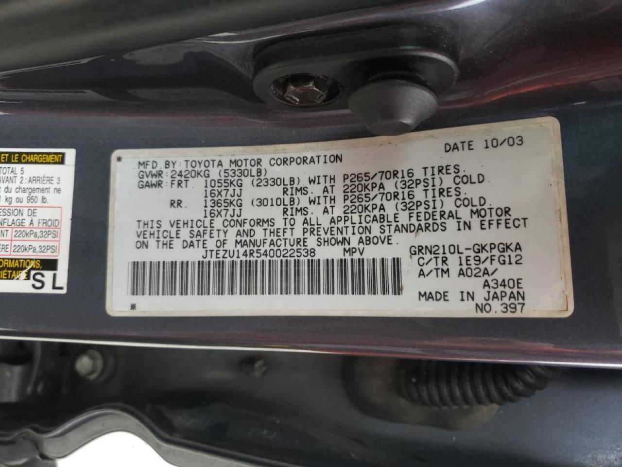 Photo 10 from auction – 2004 TOYOTA 4RUNNER SR with VIN JTEZU14R540022538