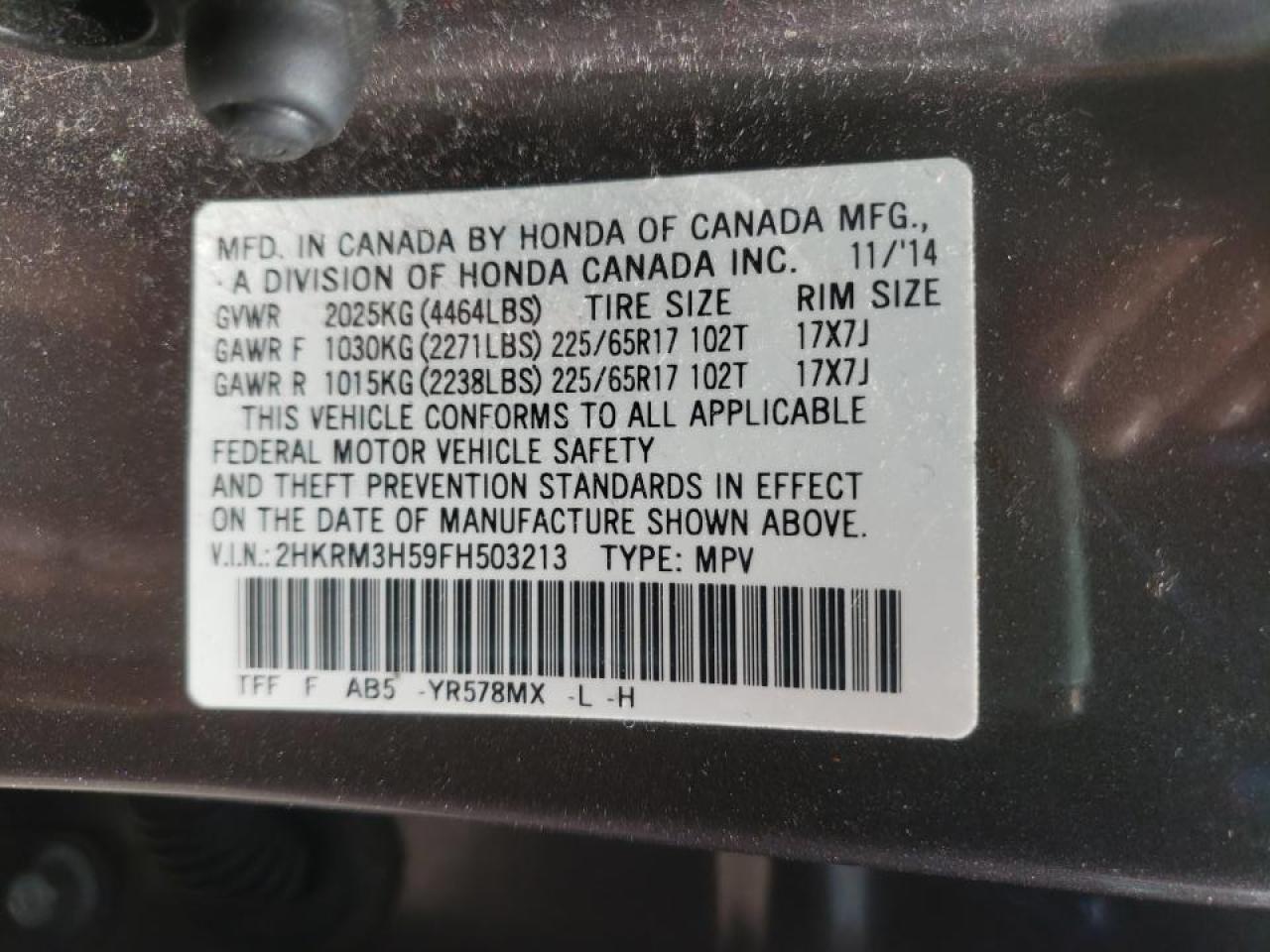 Photo 10 from auction – 2015 HONDA CR-V EX with VIN 2HKRM3H59FH503213