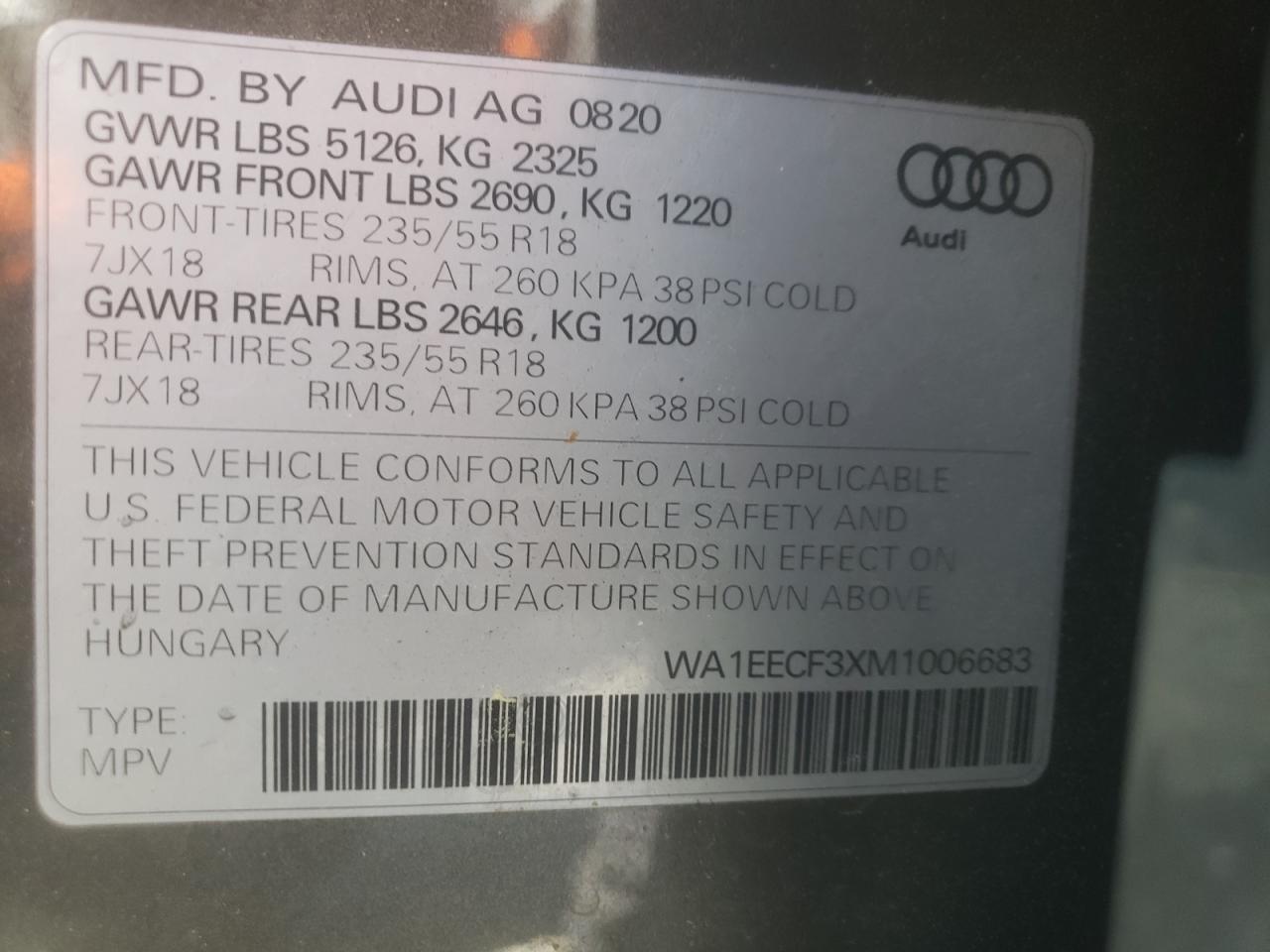 Photo 10 from auction – 2021 AUDI Q3 PREMIUM with VIN WA1EECF3XM1006683