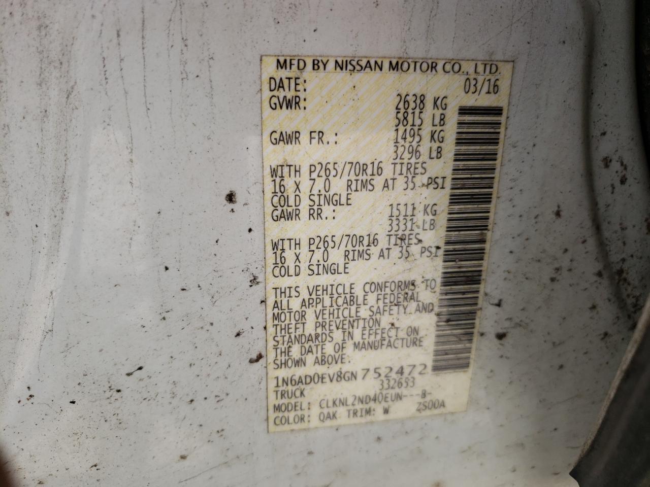 Photo 10 from auction – 2016 NISSAN FRONTIER S with VIN 1N6AD0EV8GN752472