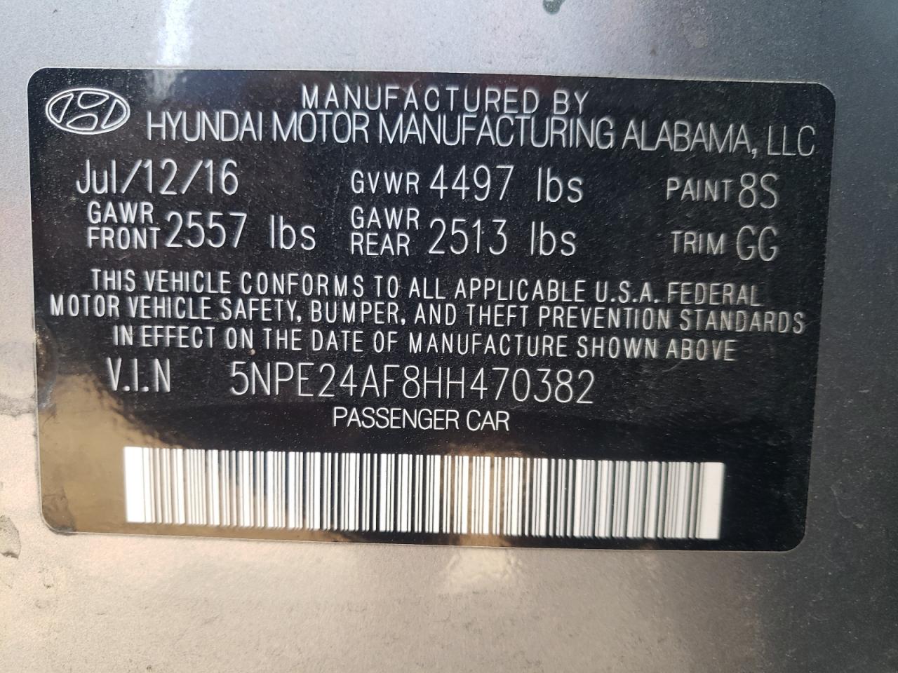 Photo 10 from auction – 2017 HYUNDAI SONATA SE with VIN 5NPE24AF8HH470382