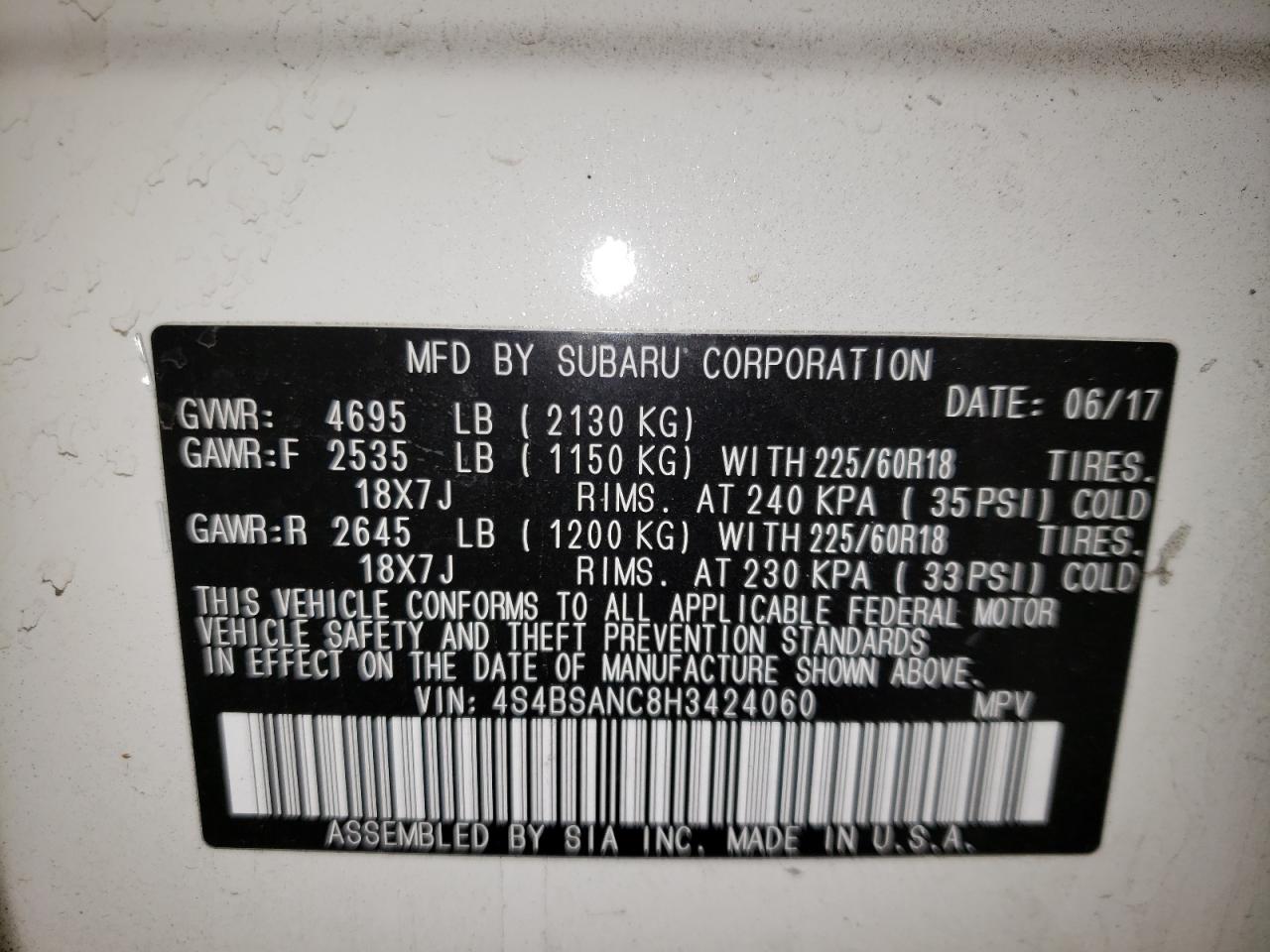 Photo 10 from auction – 2017 SUBARU OUTBACK 2. with VIN 4S4BSANC8H3424060