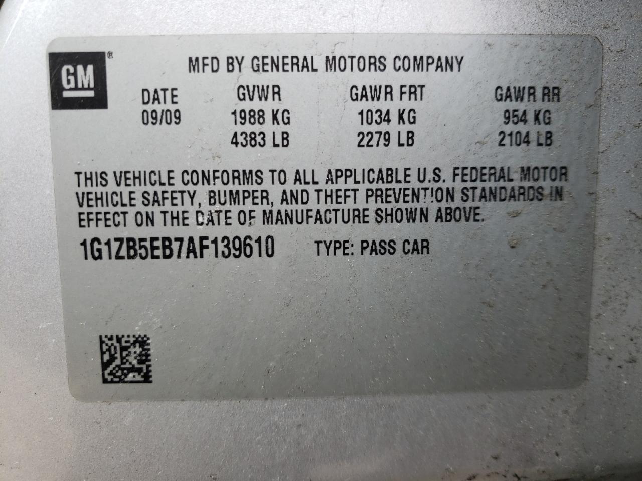 Photo 10 from auction – 2010 CHEVROLET MALIBU LS with VIN 1G1ZB5EB7AF139610