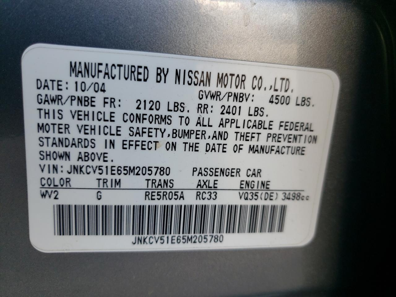 Photo 10 from auction – 2005 INFINITI G35 with VIN JNKCV51E65M205780